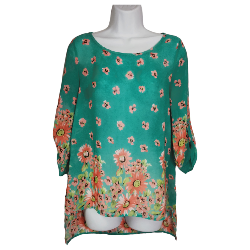 CL22 Women's Floral Blouse Rolled Tab Sleeve Sheer Hi Low Teal Blue Boutique